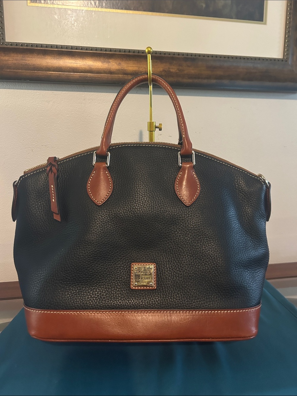 Dooney & Bourke Black Pebbled Leather Satchel with Brown Trim